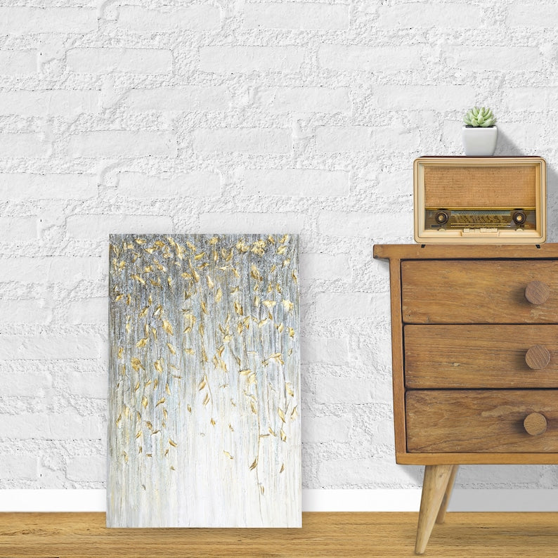 Hand-Painted "Fall Gold Leaves" painting on canvas original Art, Wall art for living room bedroom office - Wrapped Canvas Painting