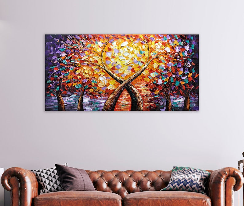 Original art "Romantic Love Trees" 3D Texture Hand-Painted Oil Painting for Living Room