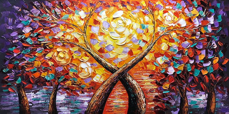 Original art "Romantic Love Trees" 3D Texture Hand-Painted Oil Painting for Living Room