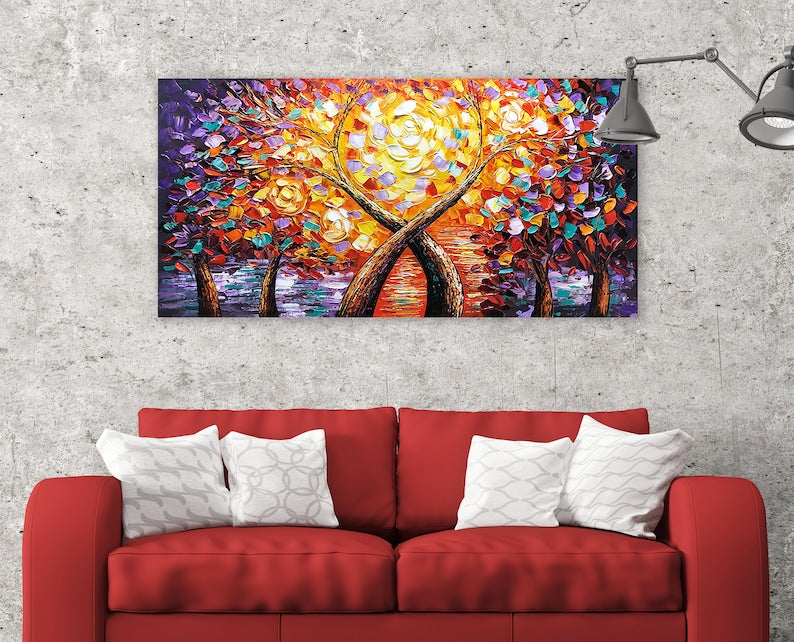 Original art "Romantic Love Trees" 3D Texture Hand-Painted Oil Painting for Living Room