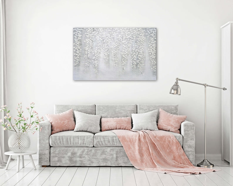 3D Hand-painted "White weeping leaves" Abstract Art, Canvas Artwork, Canvas Wall art for living room,bedroom - Wrapped Canvas Painting