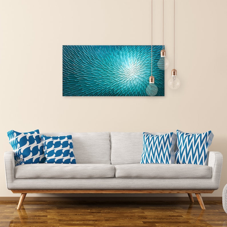 Abstract Hand-painted Blue Lotus 3D Texture Oil Painting - Original Wall Art for Living Room, Bedroom, Office | Wrapped Canvas Painting