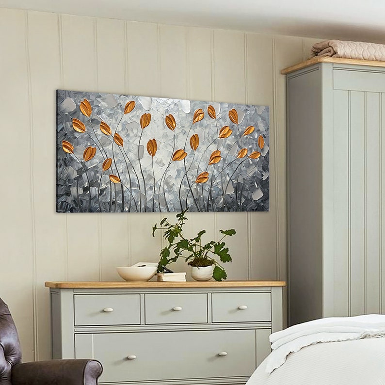 Hand-painted modern Art" Whispers of Gold: Hand-Painted Abstract Leaf" for living rooms, bedrooms