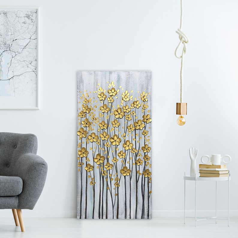 Original Art 'Golden Petals' Room Décor with Abstract Hand-Painted Wall Art