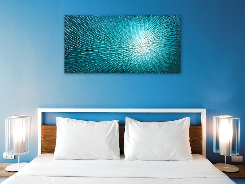 Abstract Hand-painted Blue Lotus 3D Texture Oil Painting - Original Wall Art for Living Room, Bedroom, Office | Wrapped Canvas Painting