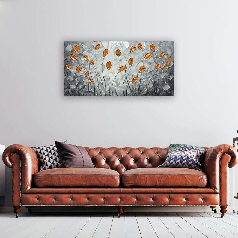 Hand-painted modern Art" Whispers of Gold: Hand-Painted Abstract Leaf" for living rooms, bedrooms