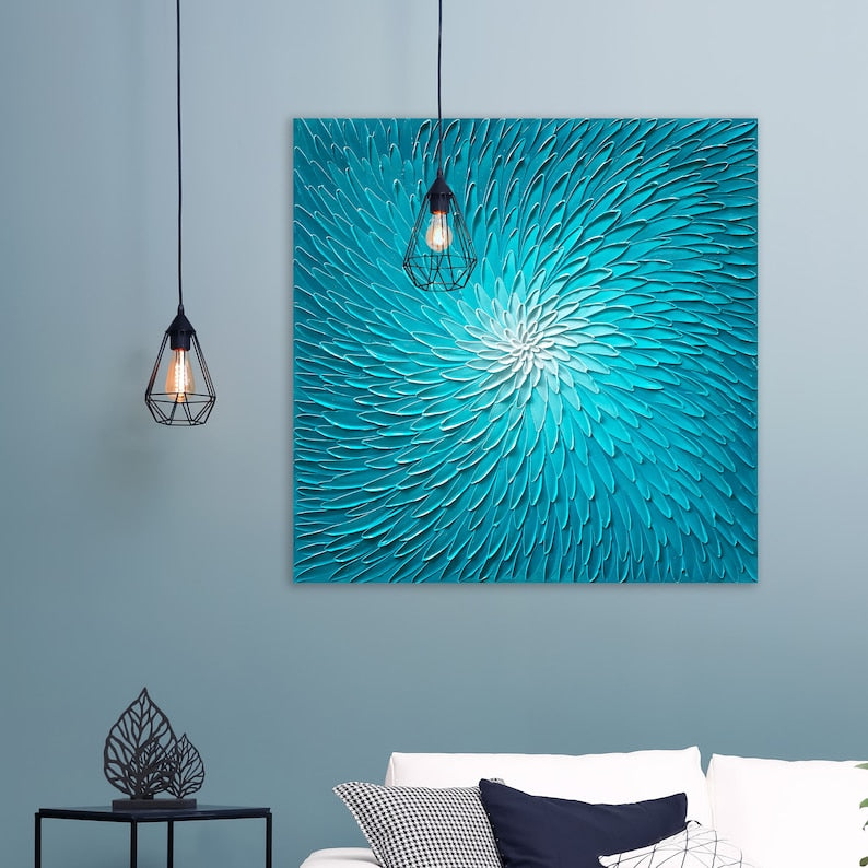 Larg Size 40x40" Hand-painted 3D Heavy Texture "Blue Lotus" painting Abstract art, Canvas wall art - Wrapped Canvas Painting