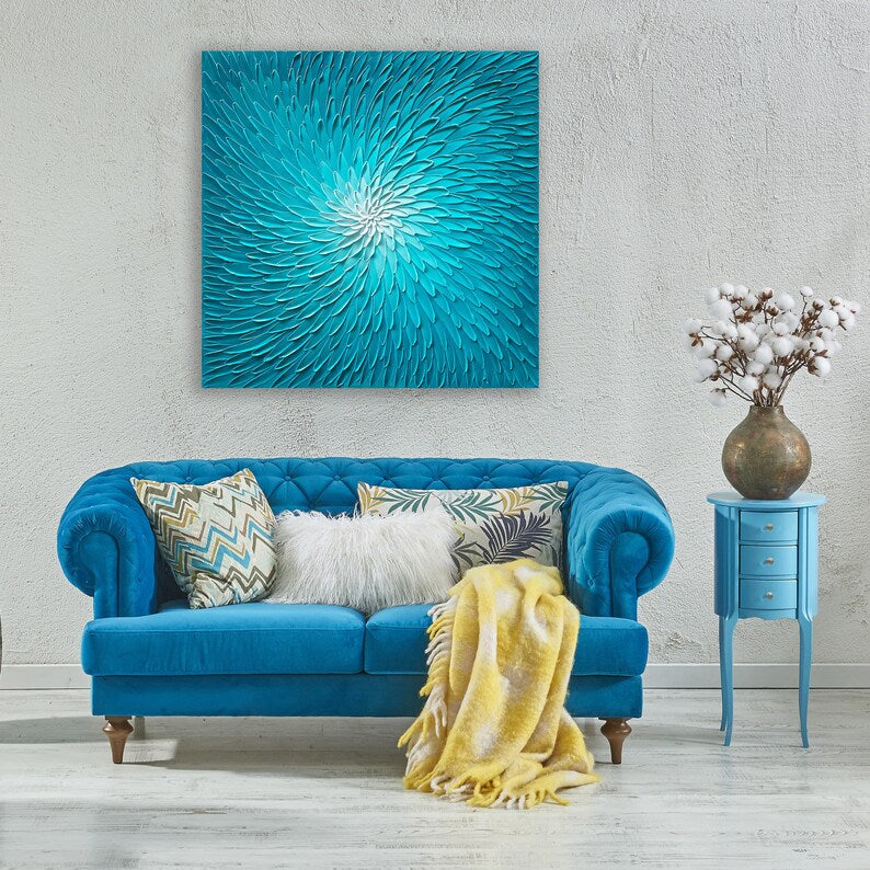 Larg Size 40x40" Hand-painted 3D Heavy Texture "Blue Lotus" painting Abstract art, Canvas wall art - Wrapped Canvas Painting