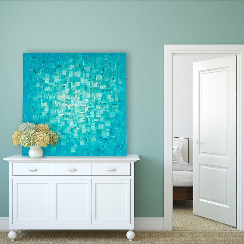 3DHand Painted Heavy Textured Abstract Art "Blue Water Reflection" painting on canvas original- Wrapped Canvas Painting