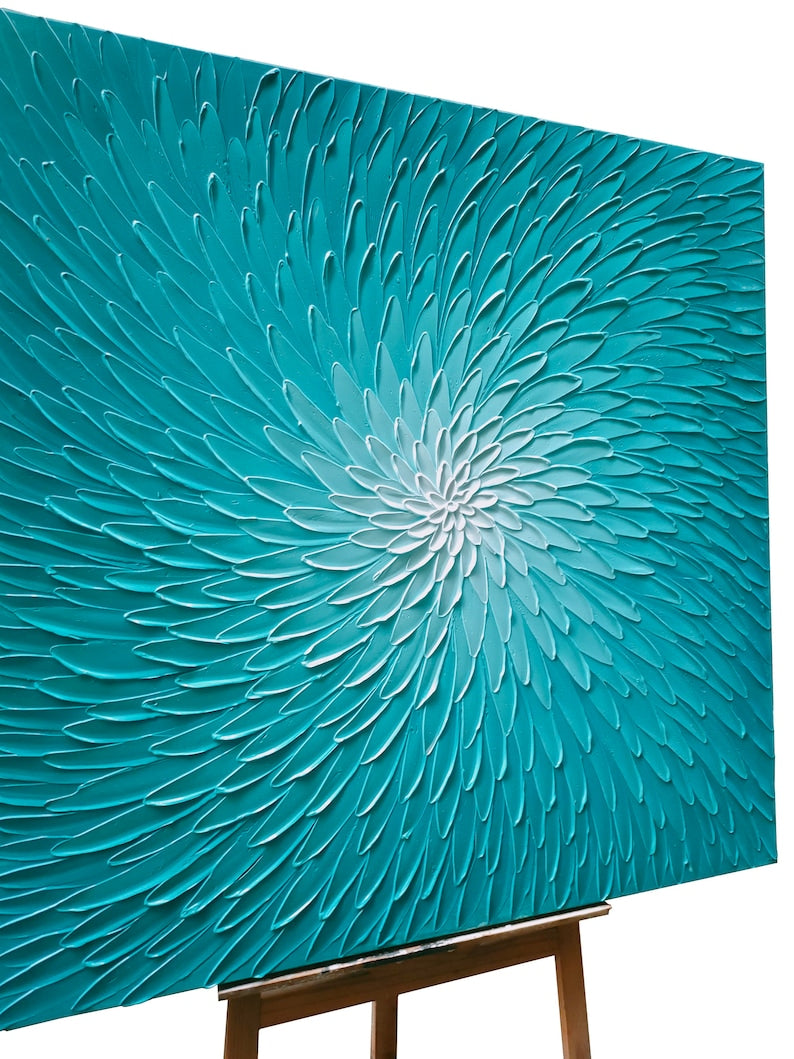 Larg Size 40x40" Hand-painted 3D Heavy Texture "Blue Lotus" painting Abstract art, Canvas wall art - Wrapped Canvas Painting