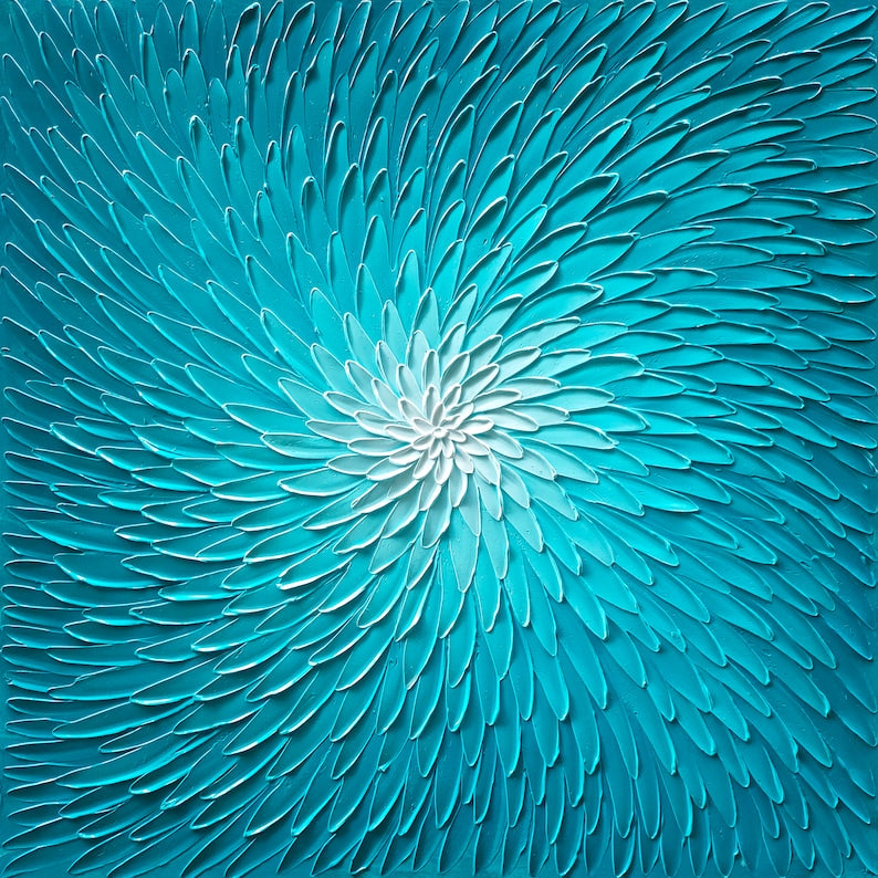 Larg Size 40x40" Hand-painted 3D Heavy Texture "Blue Lotus" painting Abstract art, Canvas wall art - Wrapped Canvas Painting