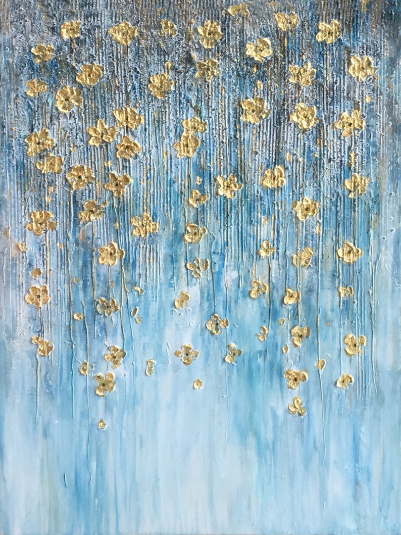 Hand painted "Golden flowers on blue background" painting original, Canvas wall art for living room, bedroom - Wrapped Canvas Painting