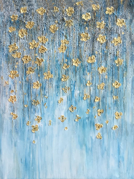 Hand painted "Golden flowers on blue background" painting original, Canvas wall art for living room, bedroom - Wrapped Canvas Painting