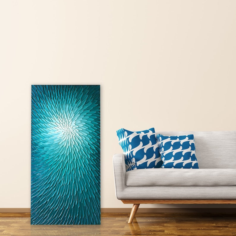 Abstract Hand-painted Blue Lotus 3D Texture Oil Painting - Original Wall Art for Living Room, Bedroom, Office | Wrapped Canvas Painting