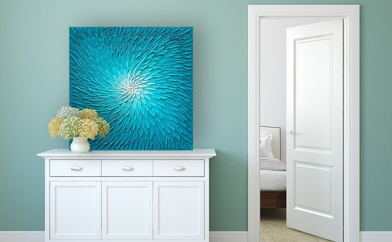 Larg Size 40x40" Hand-painted 3D Heavy Texture "Blue Lotus" painting Abstract art, Canvas wall art - Wrapped Canvas Painting