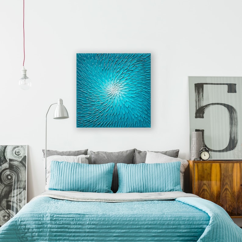 Larg Size 40x40" Hand-painted 3D Heavy Texture "Blue Lotus" painting Abstract art, Canvas wall art - Wrapped Canvas Painting