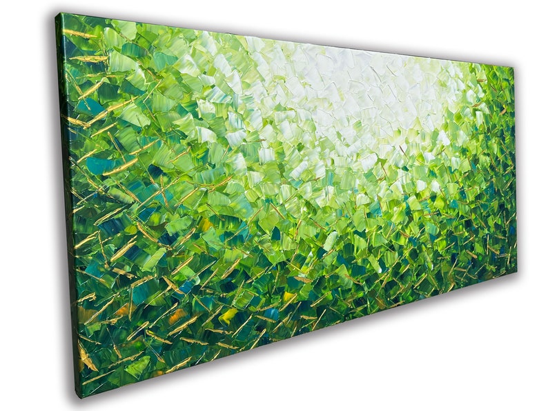 Abstract Hand-painted "Emerald Serenity: A Study of Sunlight and Water" Oil painting, Modern artwork- Wrapped Canvas Painting