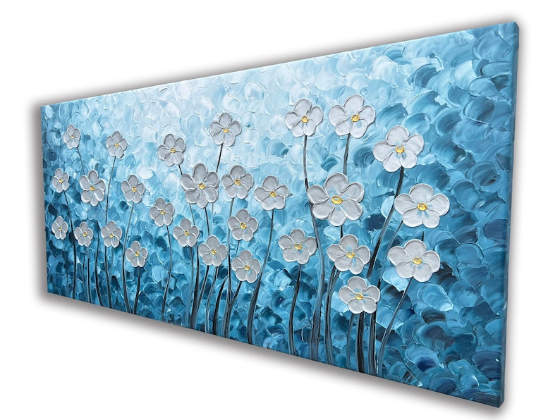 Abstract Hand Painted "Silver Flowers on Blue Background" Oil Painting, Modern Artwork - Wrapped Canvas Painting