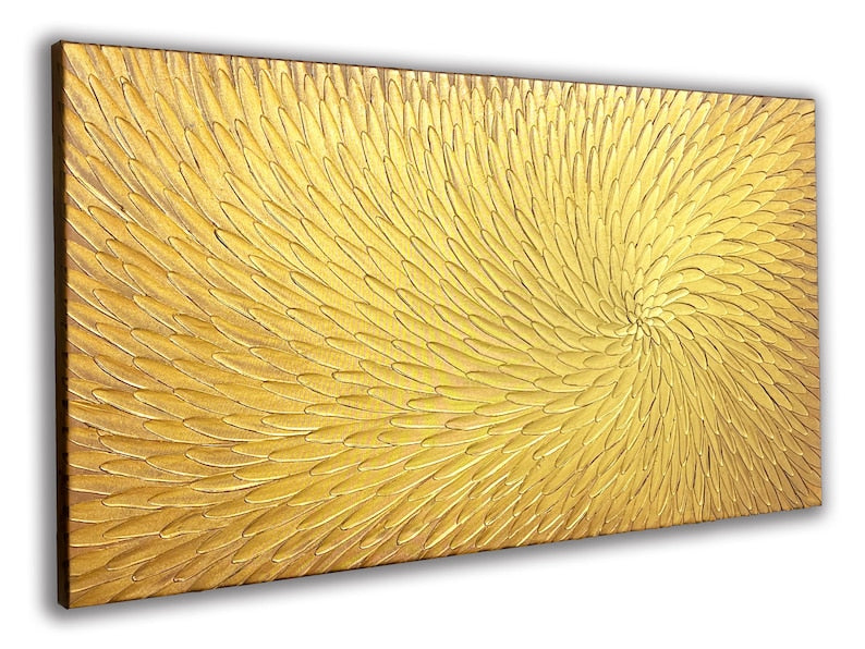 Abstract Hand-painted "Golden Lotus" 3D texture Oil painting original, Wall art for living room, bedroom, office - Wrapped Canvas Painting