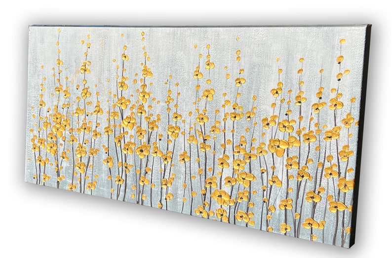 Abstract Hand-painted "Golden Blooms: A Celebration of Nature's Vitality" Oil painting, Modern artwork- Wrapped Canvas Painting