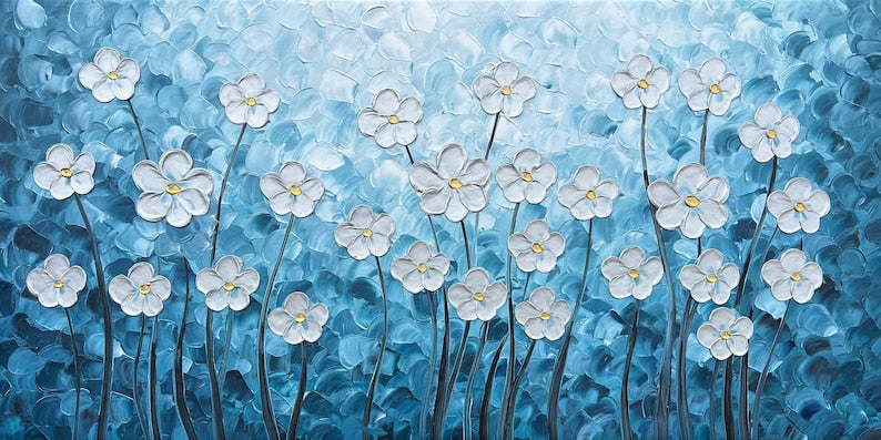 Abstract Hand Painted "Silver Flowers on Blue Background" Oil Painting, Modern Artwork - Wrapped Canvas Painting