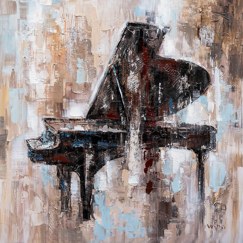 Hand Painted abstract Art "Memory Black Piano" Painting Original, Wall Art for Living Room, Bedroom, Entrance - Wrapped Canvas