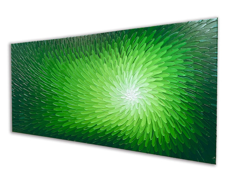 Abstract Hand-painted "Green Lotus" 3D texture Oil painting original, Wall art for living room, bedroom, office - Wrapped Canvas Painting