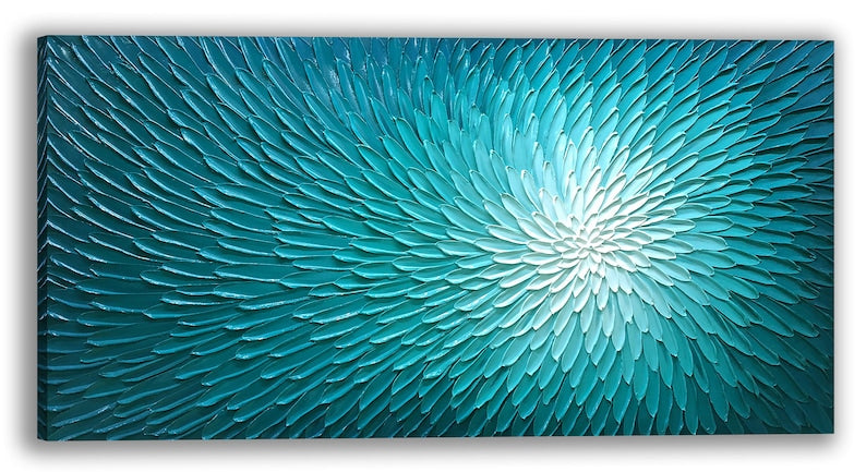 Abstract Hand-painted Blue Lotus 3D Texture Oil Painting - Original Wall Art for Living Room, Bedroom, Office | Wrapped Canvas Painting